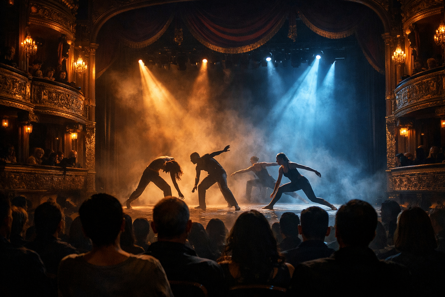 Kultur-sanat etkinliginde sahne isiklari ve izleyici atmosferi